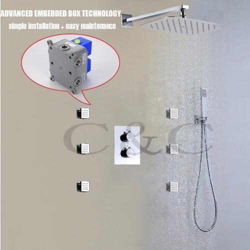 Thermostatic Bathroom Shower Faucet Set Air Drop Rain Shower Head Easy Installation With Embedded Box 002T-30X20TA-F