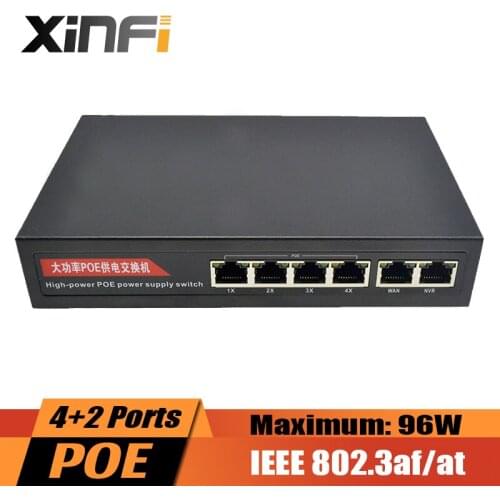 XINFI 4 Ports PoE Switch IEEE802.3af/at 4 Ports POE + 2 Ports Uplink Switch Power Over Ethernet Endspan for IP Cameras AP 96W