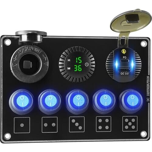 QC3.0 USB Car Charger Type-c Quick Charge LED Digital Clock Time 12V Power Outlet 5 Gang ON-Off Toggle Switch Panel for Car Boat