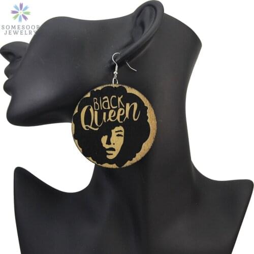 SOMESOOR Black Queen Carved African Natural Wooden Drop Earrings 6cm Large Size Photos AFRO Jewelry For Women Girls Gift