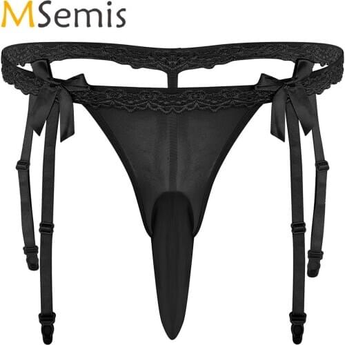 Mens Sissy Thong Underwear Closed/Open Penis Sheath Male Low Rise Ruffle Lace Bikini Briefs Open Back Stretch Underpants