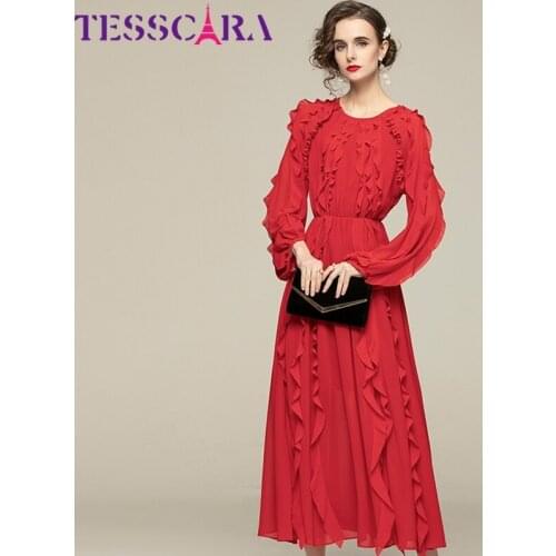 TESSCARA Women Elegant Ruffle Dress Festa High Quality Long Wedding Party Robe Femme Spring Autumn Vintage Designer Red Vestidos