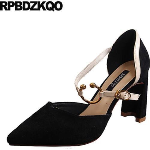 Suede Ankle Strap Shoes Work High Heels Chunky Metal Designer 2018 Size 4 34 Pumps Pointed Toe Women Black Office Elegant