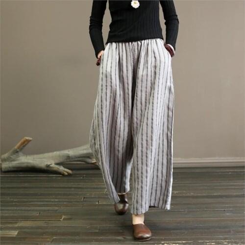 Women Striped Retro Elastic Waist Linen Pants Flax Trousers Female Stripes Vintage Linen Wide Leg Loose Pants Ladies Loose Pants