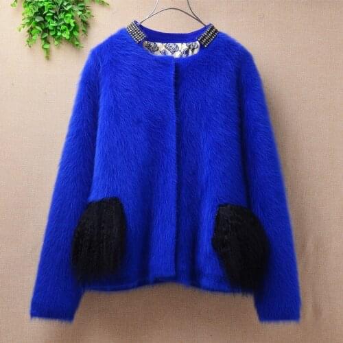Women Mink Cashmere Sweater Cardigans 2020 Elegant Female short blue diamond neck Autumn Winter Warm knit Outwear Coat Jackets