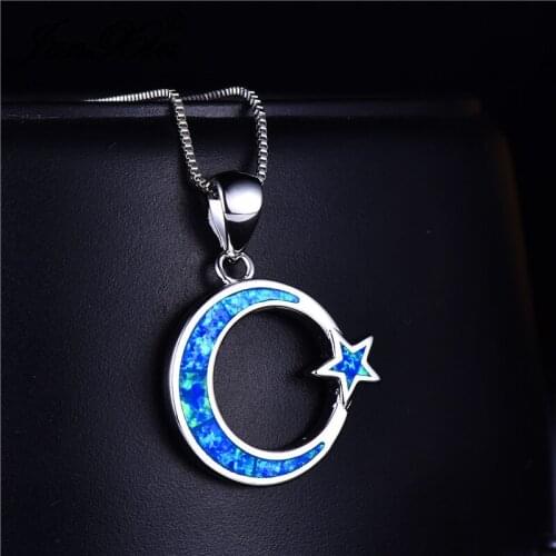 Female Moon Star Pendant Necklaces For Women Silver Color Mystic Birthstone Blue White Fire Opal Necklace Wedding Jewelry