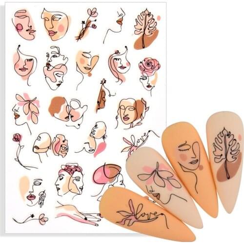 2021 New Designs Abstract Women Face Nail Sticker Black Flower Leaf Dreamcatcher Hollow Animal Sketch Geometric Lines Nail Decal