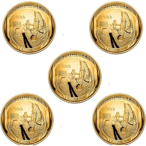5pcs/lot 2019 US 50th Anniversary Apollo 11 Moon Landing FootPrint Gold Plated Commemorative Coin Gift