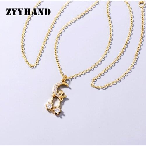 Golden Color Moon Star Clean Stone Necklace Women AAA Zircon Cross Chain Romantic Wedding Party Girl Neck Jewelry