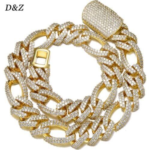 D&Z 18mm Figaro Chain Miami Cuban Link Necklace Bling AAAA Zircon Charm Mens Hip Hop Chain Women Jewelry