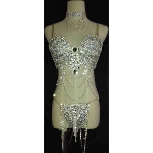 Women Sexy Rhinestone Dance Costume Set Stage Wear For Singers DJ DS Suit Performing Wear Pole Dance Bar Gogo Dancer Outfits