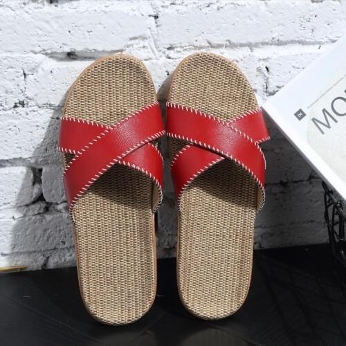 Home summer leather linen slippers female indoor leather slippers soft bottom household non-slip summer sandals and slippers men