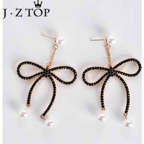 JZTOP Cute Bowknot Crystal Big Stud Earrings Woman Imitation Pearl Rhinestone Tassel Long Earrings Jewelry Boucle D'oreille