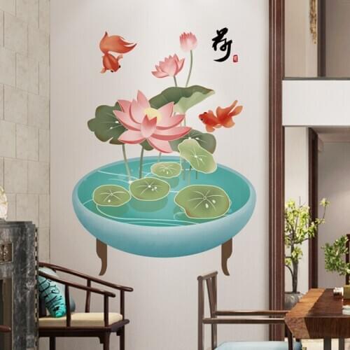 Chinese Style Lotus Wall Stickers Living Room Corridor Porch Backdrop Wall Decoration Mural 3D Stereo Decals for Furniture