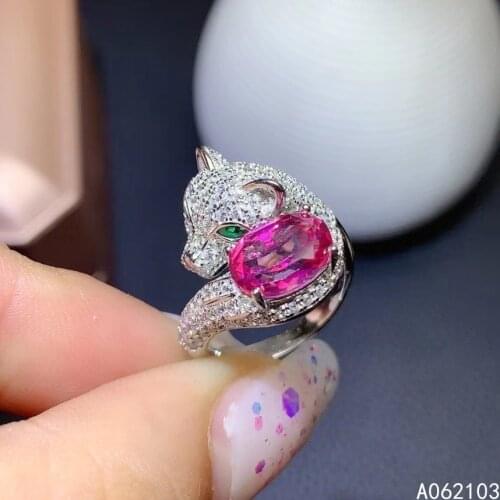 KJJEAXCMY fine jewelry 925 sterling silver inlaid natural pink topaz Womens fashion animal leopard open gem ring support detect