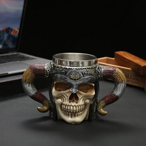 Resin Skull Cup Stainless Steel Mug Retro Creative Horn Wine Glass Ghost Head Horn Crafts Bar Party Supplies