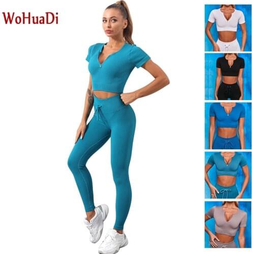 WOHUADI Sexy Women Clothes Sport Set Gym Fitness Workout Yoga Sportswear Zipper Crop Top T-Shirt Rope High Waist Leggings Tight