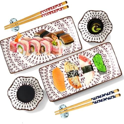 Ceramic Sushi Serving Tray Sets 2, 8 Pieces Japanese Style Porcelain Plate Dinnerware Soy Sauce Dishes Chopsticks Stand CZY10601