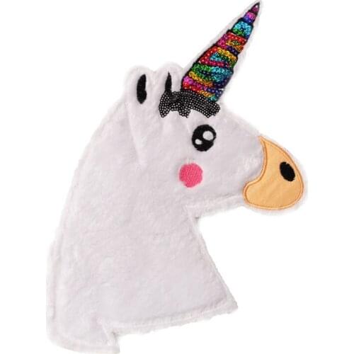 Plush Unicorn Sequin Patch Iron on Sticker for Clothing Sew Applique White Horse Clothes Stickers for Backpack Jacket Patches
