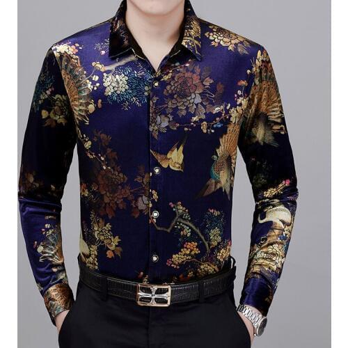 New autumn winter mens gold velvet floral clothes long sleeve casual male flroal velvet dress shirt free shipping