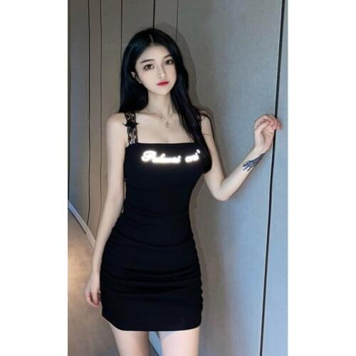 2020 new fashion retro sleeveless lace stitching butterfly sling dress bottoming waist bag hip letters slim black dress