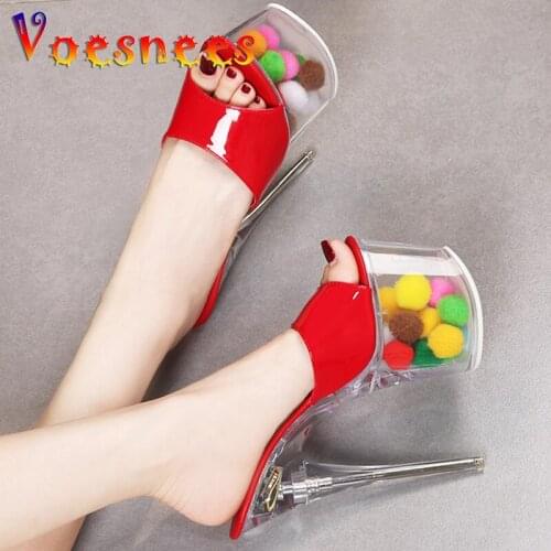Sexy Nightclub Slippers Summer Platform Striptease Women Shoes Color Hairball Light Shine Super Thin High Heels Catwalk Shoes