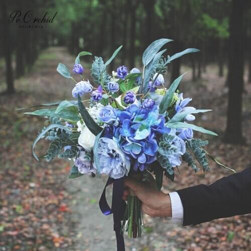 PEORCHID Chraming Blue Purple Wedding flowers Bouquet Peony Rose Hydrangea Artificial Bridal Bouquets Accessories