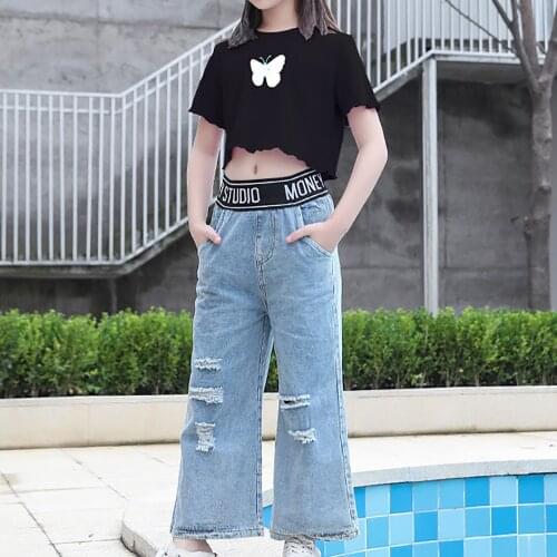 Teenage Girls Jeans 2021 Spring Summer Casual Fashion Leg Wide Pants For Kids Gir School Children Trousers 6 8 10 12 13 14 Years