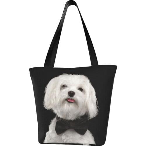 Happy White Maltese Dog Shopping Bag Aesthetic Cloth Outdoor Handbag Female Fashion Bags