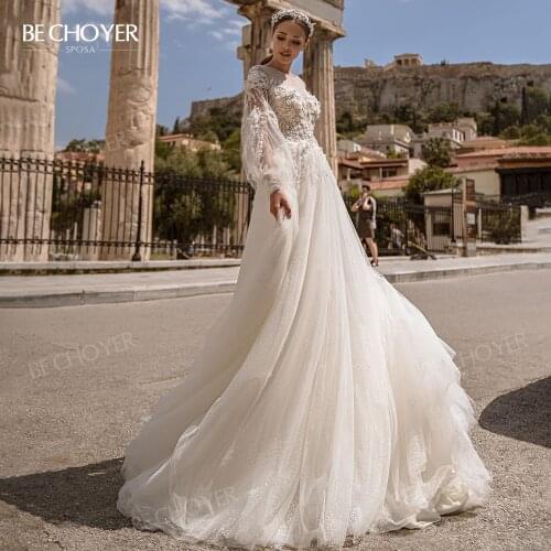 Wedding Dress Romantic 3D Flowers A-Line Beaded Appliques Puff Sleeve Bride Gown 2021 BECHOYER SN09 Princess Vestido De Noiva