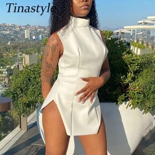 Tinastyle PU Leather High Split Sexy Dress Women Turtleneck Backless Bodycon Christmas Dress Party Clubwear Casual Summer Dress