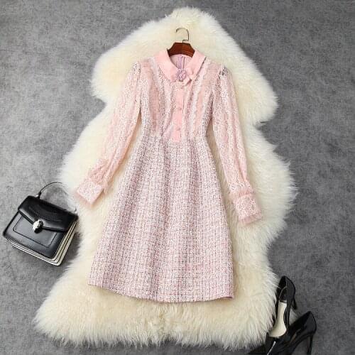 Womens European and American clothing 2021 winter new style Long-sleeved bow lapel Lace stitching tweed Fashionable dress