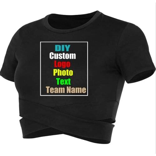 Customized Picture LOGO Womens Sports Slim Cross T-shirt Quick-drying Top Bare Navel Short Sleeve