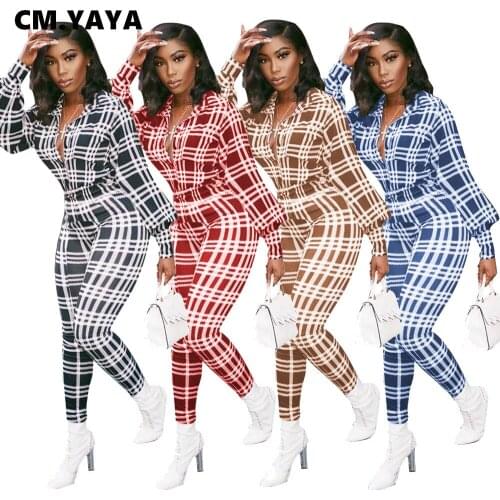 CM.YAYA Autumn Street Plaid Print Button Up Long Sleeve Jumpsuit Women Active High Waist Lantern Sleeve Romper One Piece Overall