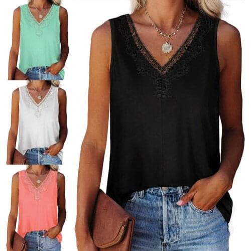Women V Neck Solid Color Vest Lace Sleeveless Loose Pullover Top for Daily Life