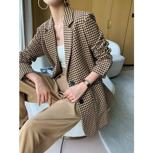 Houndstooth woolen blazer womens short section 2021 autumn and winter new temperament all-match thick plaid suit