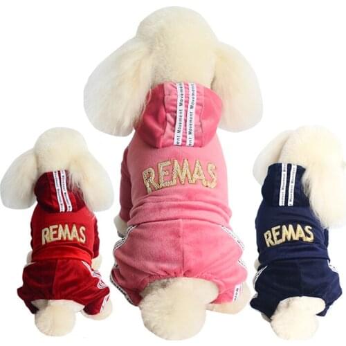 2021 Fashion Puppy Hoodie Pet Clothes Velvet Coat Jumpsuit Sports Style Comfortable Dog Clothes Pink Dark Red forTeddy Small Dog