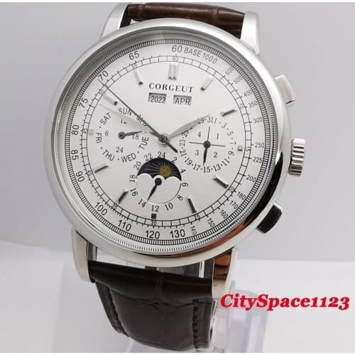 42mm mechanical wristwatches moon Phase White Dial Year Day Month Week 316L SS Case Corgeut Automatic watch men