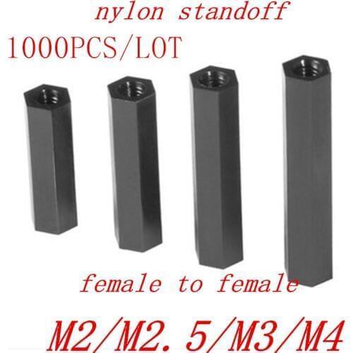 500-1000PCS black Nylon PCB spacer standoff M2 M2.5 m3 M4 Female to Female Black Nylon Standoff spacer
