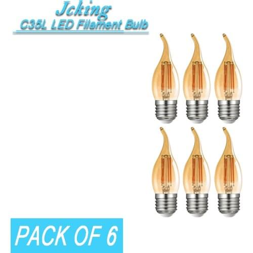 Pack of 6 JCKing Dimmable 2W/4W/6W/8W E26/E27 LED Filament Bulbs Candle tail LED Amber Bulb LED Antique Chandelier
