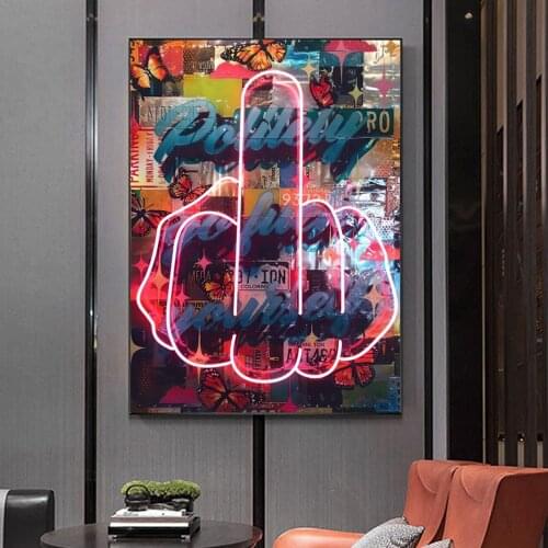 Abstract Fluorescence Middle Finger Poster Painting On The Wall Art Funny Decorative Canvas Prints Pictures For Living Room