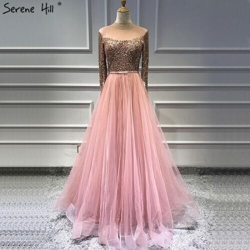 Rose Gold O-Neck Sequined Prom Dresses 2020 A-Line Latest Design Sexy Sparkle Prom Gowns Serene Hill BLA60976
