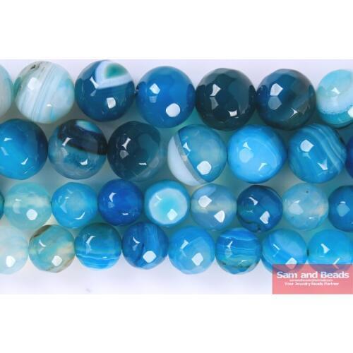 Natural Stone Faceted Blue Stripe Agates Beads 4.6,8,10,12mm pick size for Bracelet Necklace making BSB01