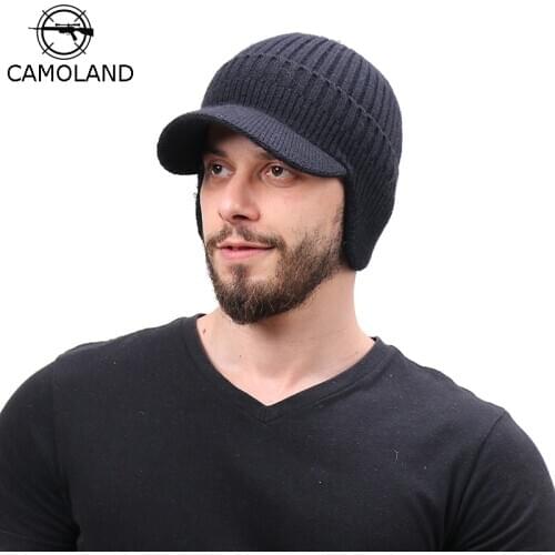 CAMOLAND New Arrival Men Solid Color Knitted Beanie Hats Autumn Warm Soft Skullcap Outdoor Male Ear Flap Beanies Female Skullies