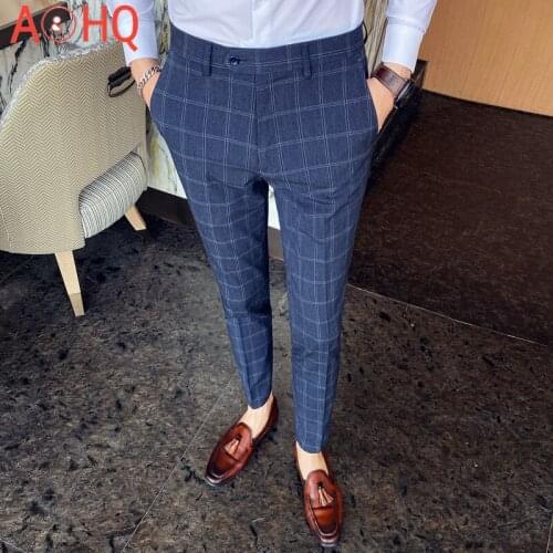 Formal Plaid Dress Trousers Men Slim Ankle Length Business Office Suit Pants British Style