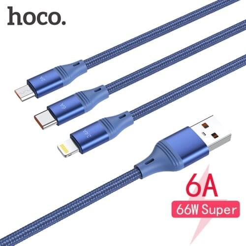 HOCO 3in1 USB Cable 6A 66W QC/FCP/AFC for Huawei Mate 40 P50 Pro Micro USB Type C fast Charging cable for iPhone 12 13 USB Wire