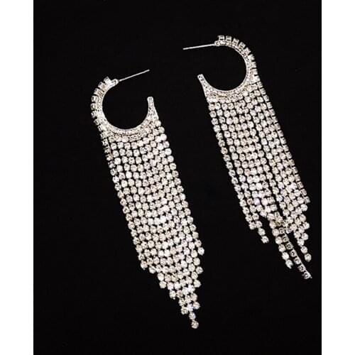 INS European and American fashionable exquisite silver crystal full diamond C-shaped long tassel fairy temperament earrings