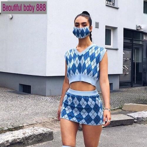 Meqeiss autumn Check pattern sweater top skirts 2 two piece sets for women basic sweet College style street casual suits female