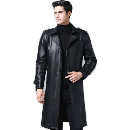 Mens windbreaker leather jacket business casual buttoned leather jacket long black brown 2020 new