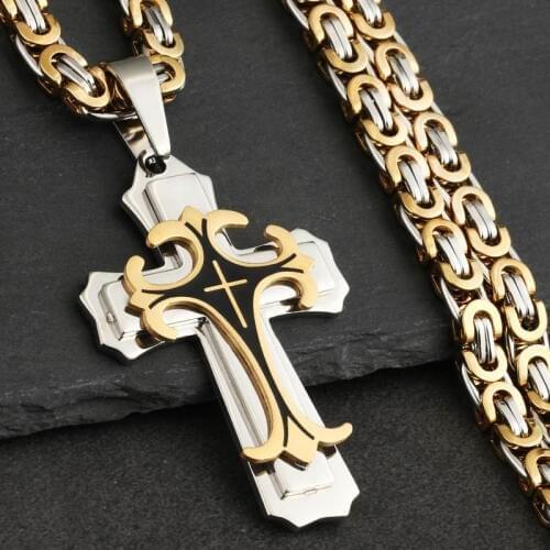 Male Vintage Christian Trinity Latin Cross Necklace Multi-layers Stainless Steel Cross Pendants Necklaces Catholic Jewelry